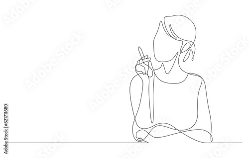 young business woman pointing with stylus pen having an idea one line
