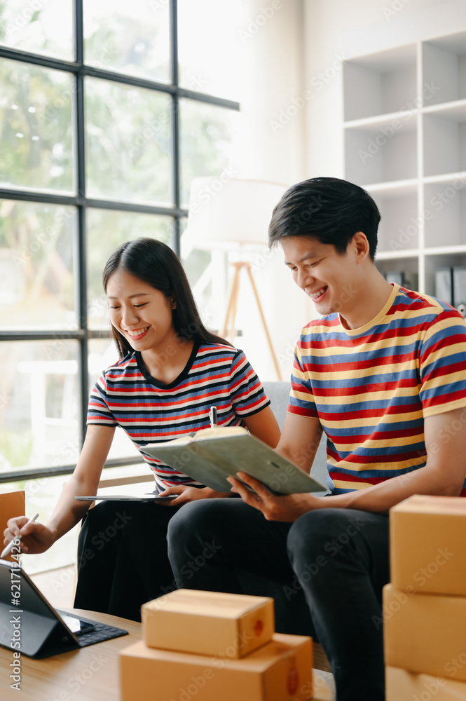 Starting small businesses SME owners, two check online orders Selling products working with boxs freelance work  on sofa at home using tablet and laptop  marketing, packaging, concept.