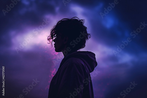Silhouette of teen boy with dark clouds, teen depression concept, ai generated