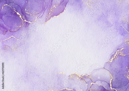 Modern art painting in alcohol ink, Abstract violet purple fluid art with gold luxury marble stone texture background