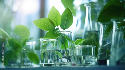 Vászonkép Many green plants in test tubes. Generative AI