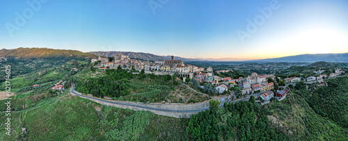 Aerial view of the historic center of Rende (Cosenza) with its skyline of medieval churches. Province of Cosenza, Calabria, Italy.