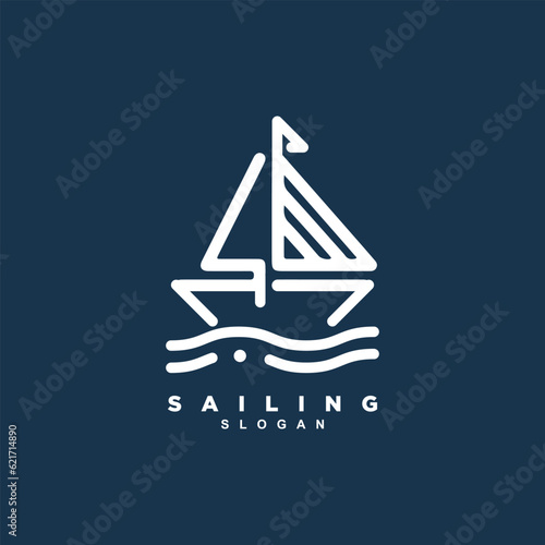 Simple linear sailboat ship logo design. Marine boat on sea wave logo vector