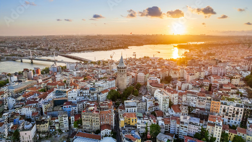 Aerial drone view of Istanbul at sunset, Turkey