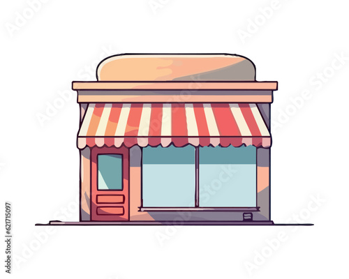 Supermarket facade with striped awning and door