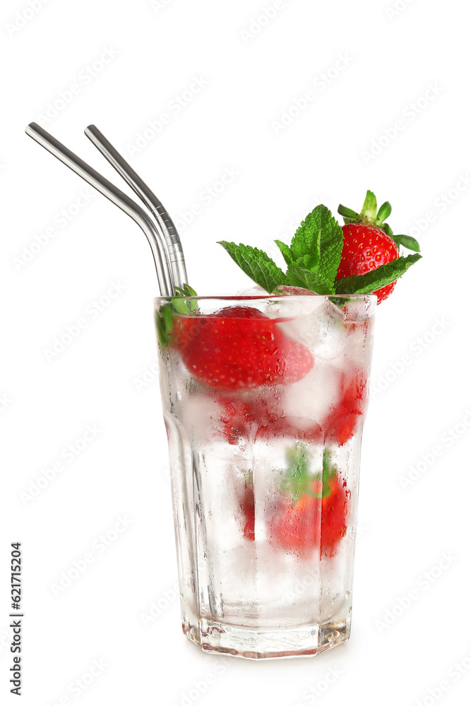 Glass of fresh lemonade with strawberry and mint on white background Glass of fresh lemonade with strawberry and mint on white background