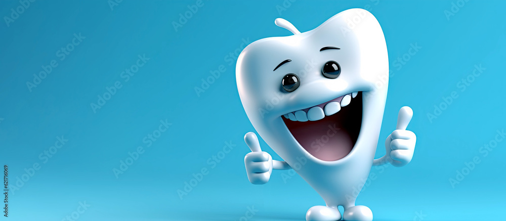 Happy white healthy character tooth on blue background. Generative AI illustration