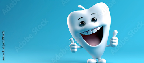 Happy white healthy character tooth on blue background. Generative AI illustration
