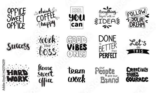 Large collection of phases about work, job, office life. Motivation quote, greeting cart for office worker. Text phrase vector illustration.