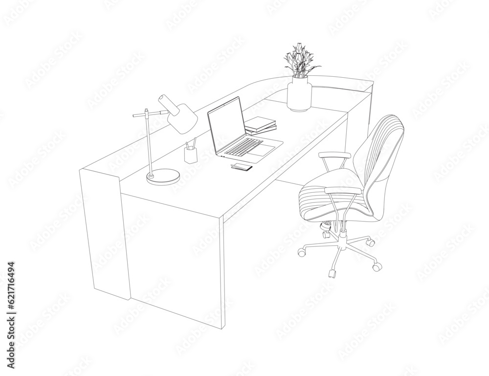 Outline of Contemporary workspace flat vector illustrations set. Contour Office desk or table with office chair and computer. Business interior design elements. Vector illustration.. Outline of Contemporary workspace flat vector illustrations set. Contour Office desk or table with office chair and computer. Business interior design elements. Vector illustration..