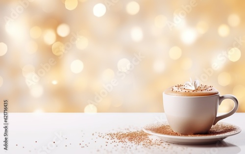 cup of latte with whipped cream on a white plate, blurred, sparkling background with beautiful bokeh, light orange gold, festive atmosphere, cinnamon powder on the whit table