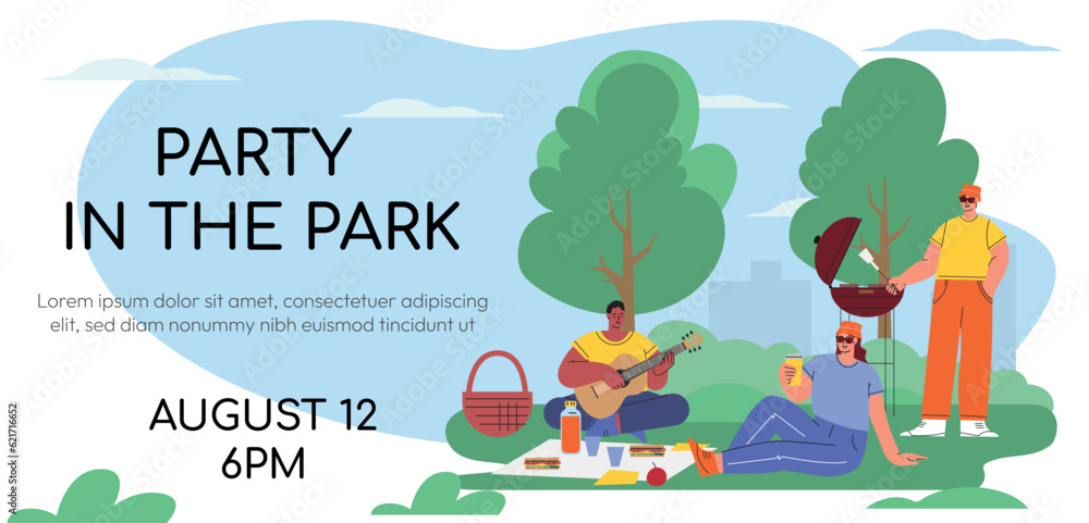 Web banner concept. Summer in the city. Proplr rest in the park, talking with friends, relaxing atmosphere. A men plays the guitar, barbecue a girl eats an apple.. Flat style