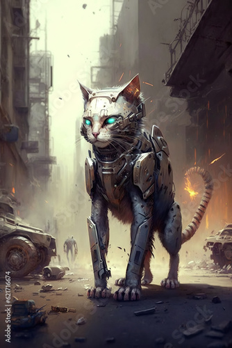 cyborg robot cat on street of destroyed city in a post-apocalyptic war of future. Generative AI illustration © alexkoral