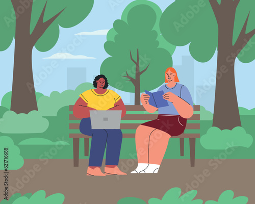 People in the park. Summer weekend and picnic. A woman reading a book and working on computer in bench. Flat vector illustration