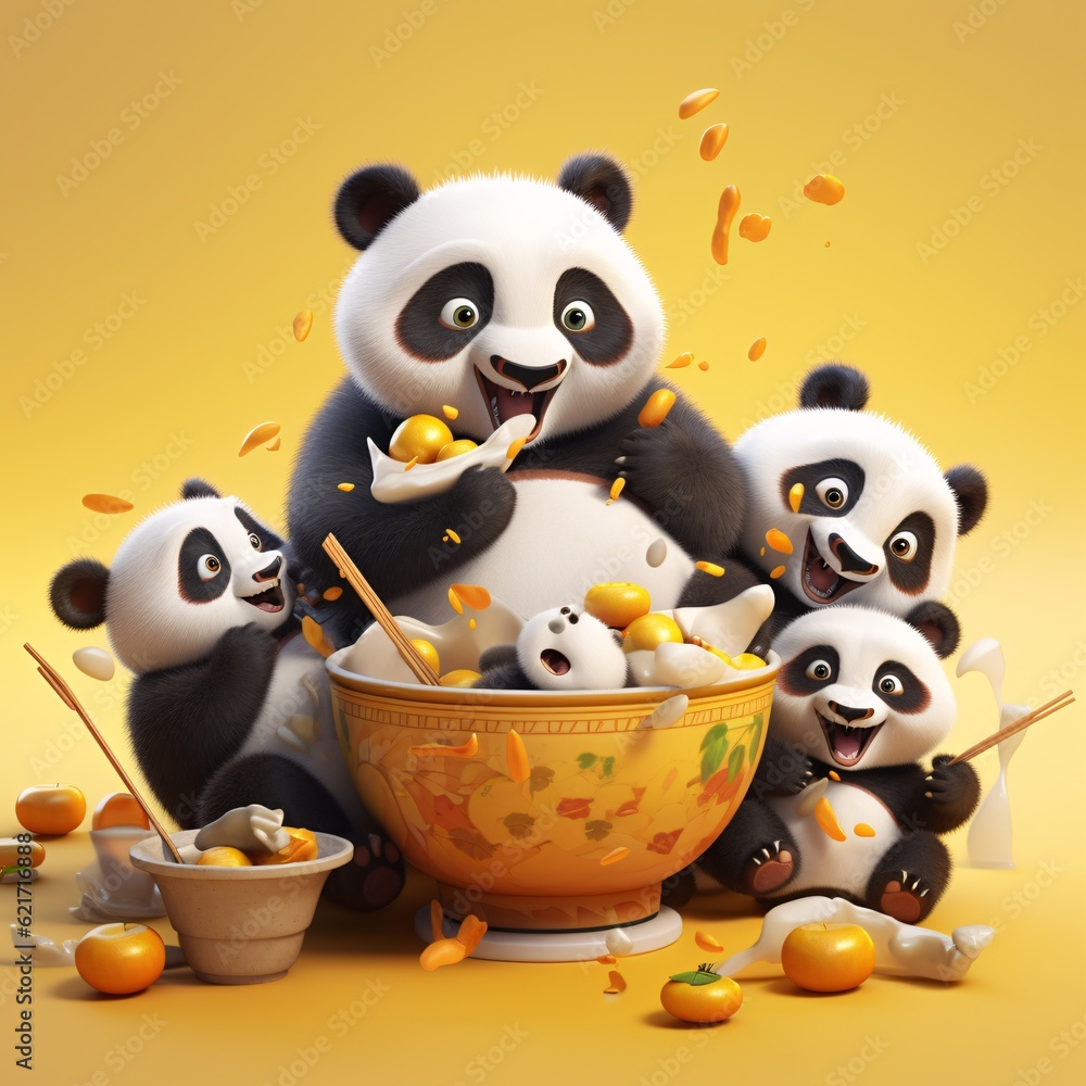 Cute 3D Panda Character Enjoying a Meal Together Collection
