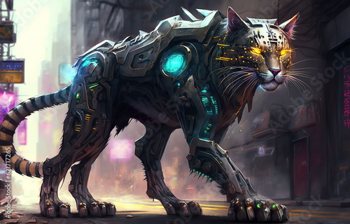 military cat cyborg robot on street of night city of future in style of cyberpunk. Generative AI illustration