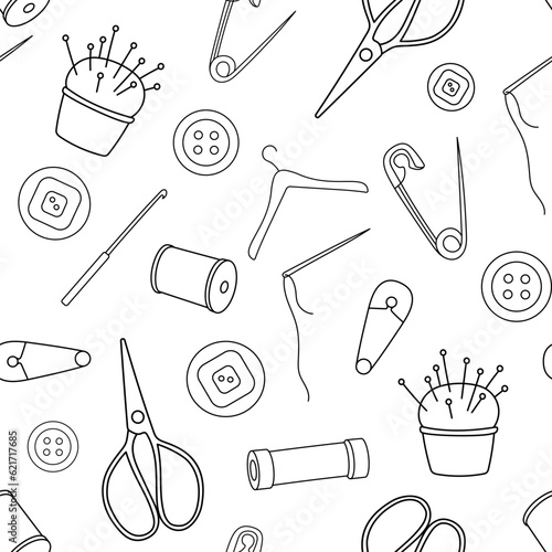 Seamless pattern with sewing tools. Black and white seamstress items on white background. Line icons