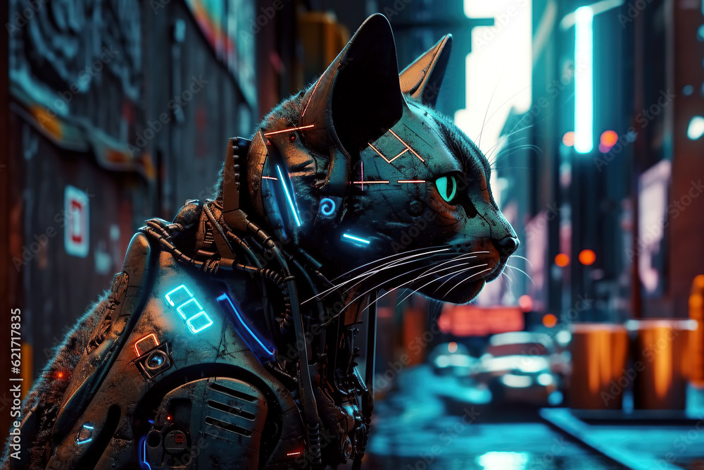cyborg robot cat on street of night city of uture in cyberpunk style with neon light. Generative AI illustration