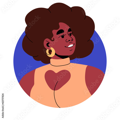 Happy black woman avatar. Smiling African-American girl, modern head portrait. Beautiful sexy lovely female character face, heart neckline. Flat vector illustration isolated on white background