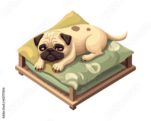 Cute pug puppy sleeping on comfortable bed