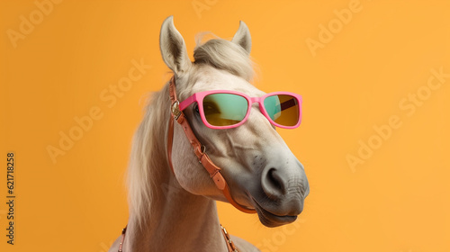 Generative AI, Cool Equine Vibes: A Horse Sporting Stylish Sunglasses on a Pastel Background © icehawk33