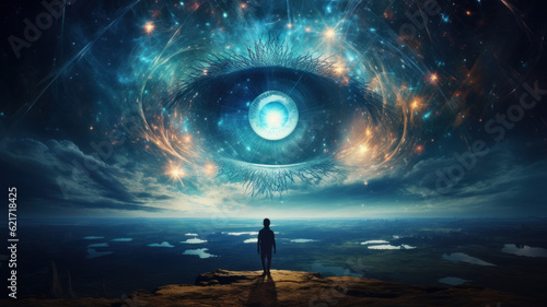 the cosmic eye hangs above the earth examining people