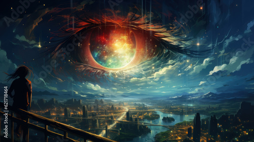 the cosmic eye hangs above the earth examining people