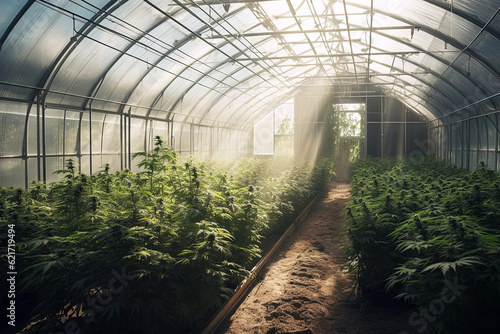 greenhouse with cannabis marijuana bushes for legal medical business. Generative AI
