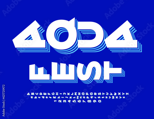 Vector artistic Emblem Aqua Fest. Layered bright Font. Rotated 3D Alphabet Letters and Numbers