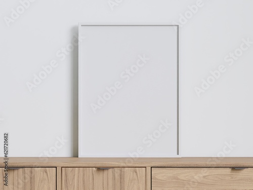 3D rendering minimal style living room with wooden floor  white wall chair wooden sideboard and frame for mockup