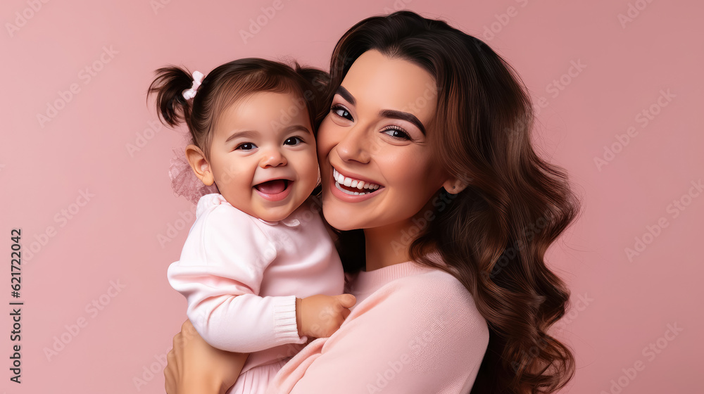 Portrait pretty woman holding a newborn baby , Loving mom carying of her newborn baby in her arms , Created with Generate Ai Technology