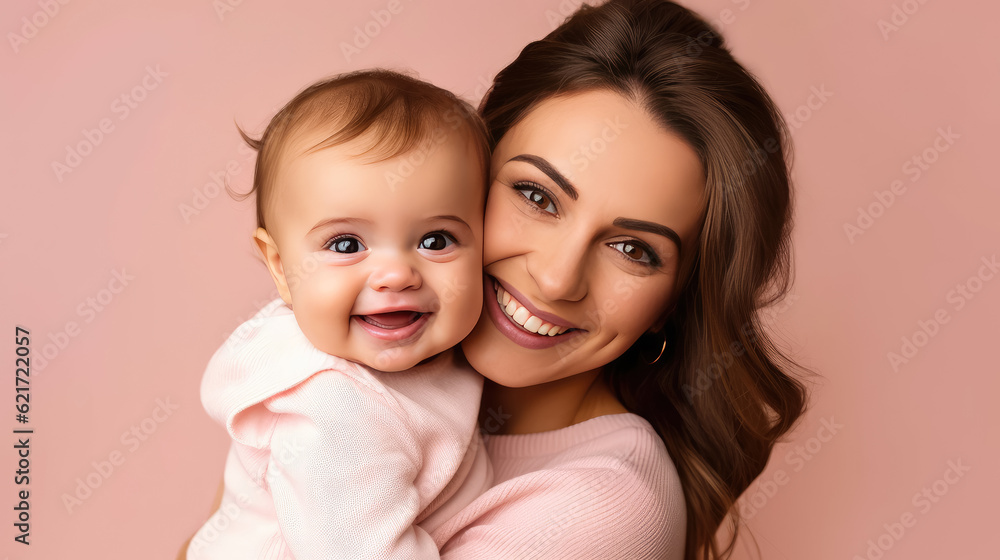 Portrait pretty woman holding a newborn baby , Loving mom carying of her newborn baby in her arms , Created with Generate Ai Technology Portrait pretty woman holding a newborn baby , Loving mom carying of her newborn baby in her arms , Created with Generate Ai Technology