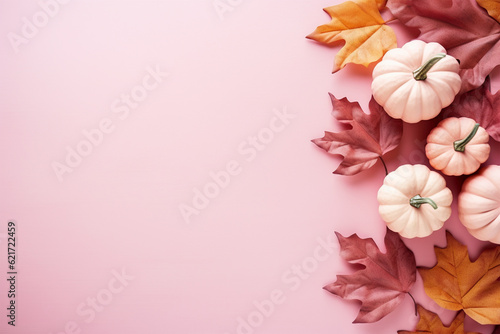 White pumpkins and autumn leaves on pink background
