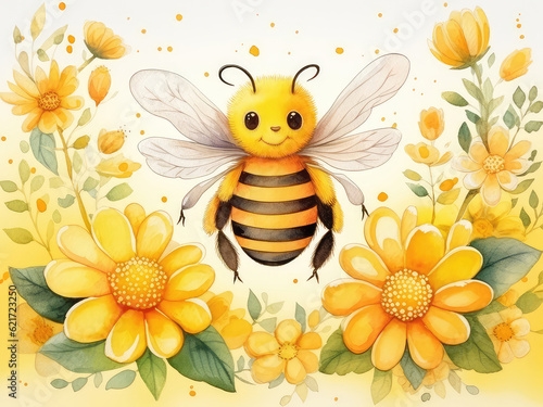 Cute watercolor bee around flowers  illustration for children