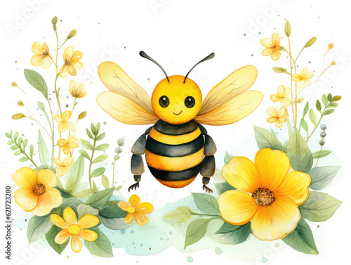 Cute watercolor bee around flowers  illustration for children