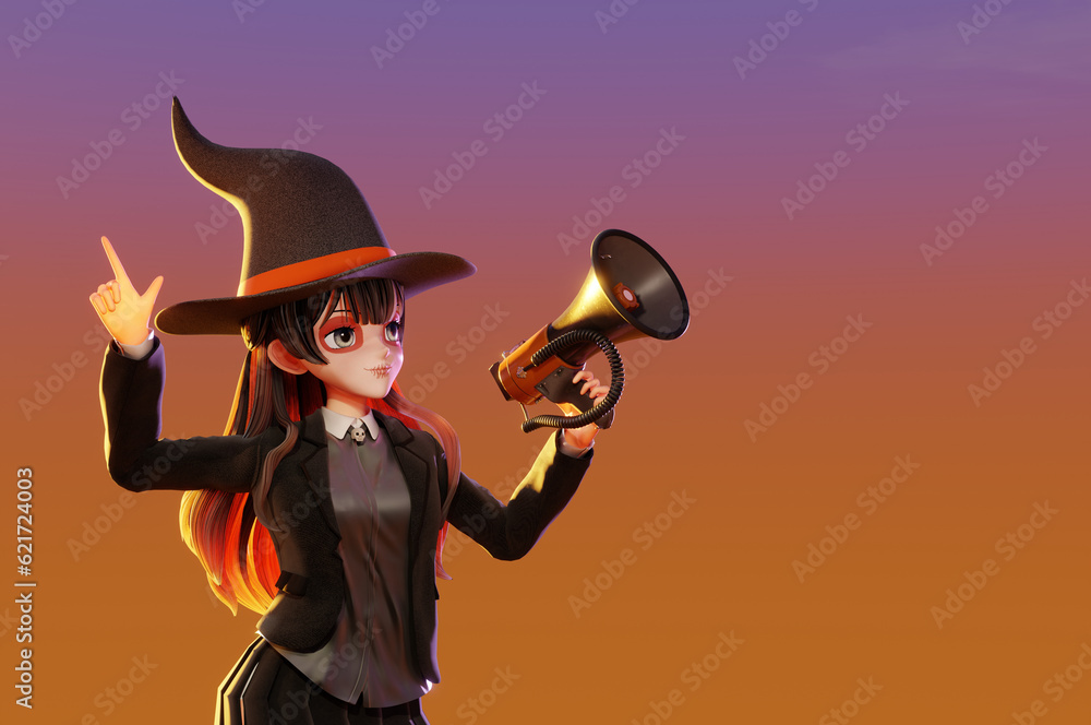 3D Illustration ,Cute Witch girl holding a megaphone .