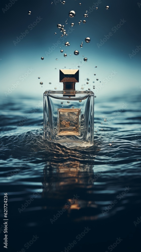 Perfume bottle on water. Generative AI Perfume bottle on water. Generative AI