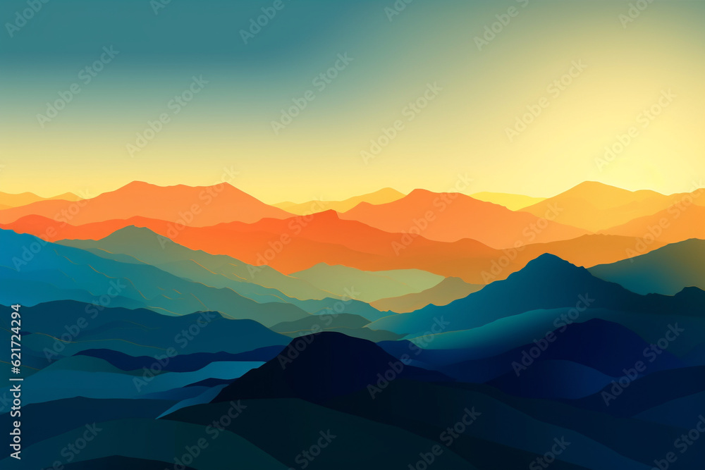 Mountains landscape poster background, blue and orange tones. Generative AI