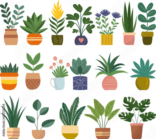 set of houseplants in pots in doodle style, vector