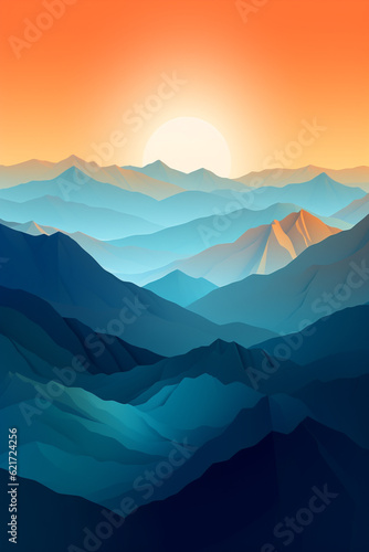 Mountains landscape poster background, blue and orange tones. Generative AI photo
