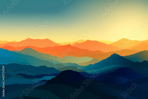 Mountains landscape poster background, blue and orange tones. Generative AI