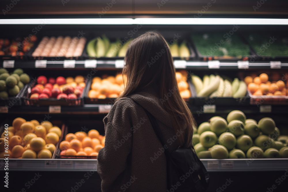 Young woman shopping in grocery store, looking at vegetables and fruits. Generative AI