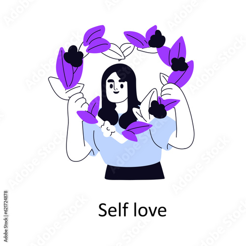 Self-love, acceptance concept. Happy girl holds heart, flower wreath. Woman w...