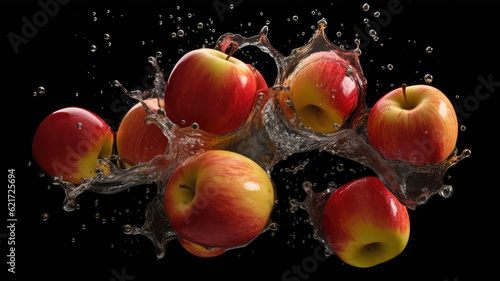 flying slices of apple with water splash on black background. Generative Ai