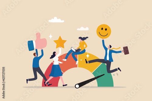 Fotografie, Obraz Employee engagement, commitment or motivation to success with company, staff dedication or job satisfaction, productivity or employee recognition, business people employee with stars and happy reward