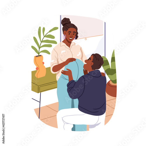 Happy family couple, black man touching belly of pregnant woman with love. African-American wife and husband expecting baby, pregnancy. Flat graphic vector illustration isolated on white background