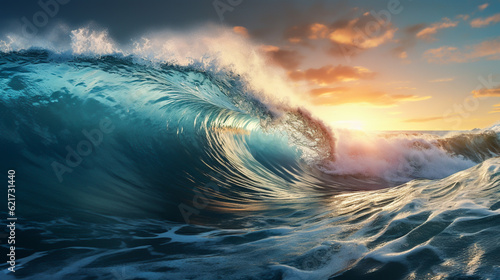 Beautiful high sea waves and beautiful sunlight, side view, from generative AI. © ownza