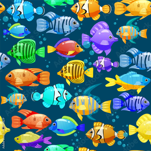 Seamless pattern Tropical fishes cartoon. Cute funny underwater characters