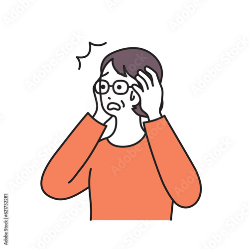 頭を抱える中年女性のシンプルなイラスト
