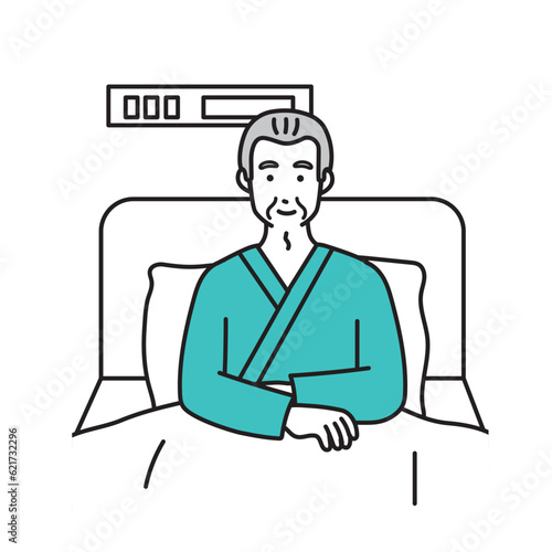 入院中のシニア男性のシンプルなイラスト　

